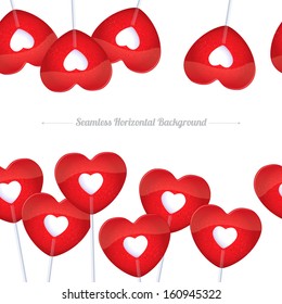 Seamless horizontal red lollipops background. Valentine day design.