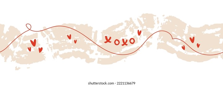 Seamless horizontal romantic xoxo pattern with grunge abstract beige texture about Valentines day. Isolated vector illustration for tile, textile, backgrounds, wrapping paper and wallpaper.