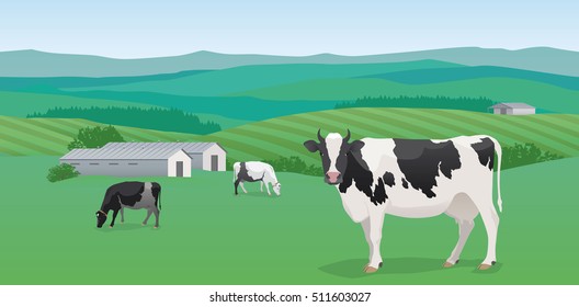 Seamless horizontal rural landscape, hills, fields, dairy farm, cows, road. Vector background.