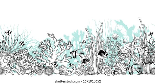 Seamless horizontal scenery with underwater creatures. Hand drawn vector illustration isolated on white background.