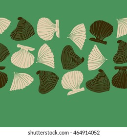 Seamless horizontal sea pattern,  hole,  spots,shells, doodles . Hand drawn.
