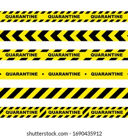 Seamless horizontal signal tape. Yellow warning tape with text Quarantine. Yellow black isolated alarm tape on white background.