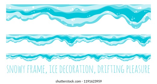 Seamless horizontal snow patterns. Snowdrifts hang down. Colorful hand drawn vector stock illustration.