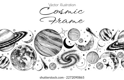 Seamless horizontal space pattern. Moon, planets, comets, stars, galaxies in engraving style