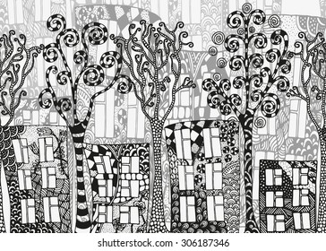 Seamless horizontal street background. Artistically houses and trees.  Autumn. Pattern for coloring book. Made by trace from sketch. Zentangle. Black and white pattern in vector. Used a clipping mask.