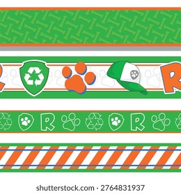 Seamless horizontal stripe border set in green and orange with eco dog theme: recycle badges, paw prints, cap icon, patrol, Rocky, bones, and letter elements. Ideal for kids decor and fabric.