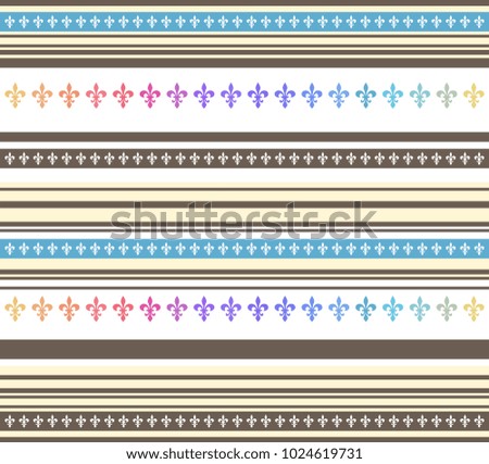 Seamless horizontal striped pastel colored pattern with lily flower (Fleur de lis motif)