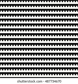 Seamless horizontal striped pattern. Repeated white embattled lines on black background. Heraldry motif. Abstract wallpaper. Vector illustration 