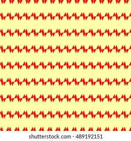 Seamless horizontal striped pattern. Repeated red curling ribbon lines on yellow background. For scrapbook paper, textile print, page fill. Serpentine motif. Abstract wallpaper.  Vector illustration