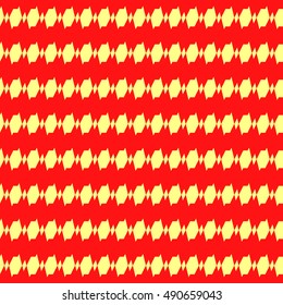 Seamless horizontal stylized sound waves lines pattern. Yellow candy garland on red background. Sharp wavy strokes abstract wallpaper. Vibrations motif. For textile print.  Impulse vector illustration