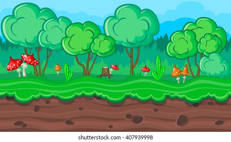 Seamless horizontal summer background with amanitas for video game