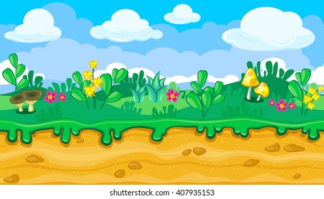 Seamless horizontal summer background with bright cartoon mushrooms for video game