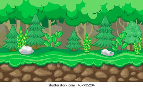Seamless horizontal summer background with fir trees and white rocks for video game