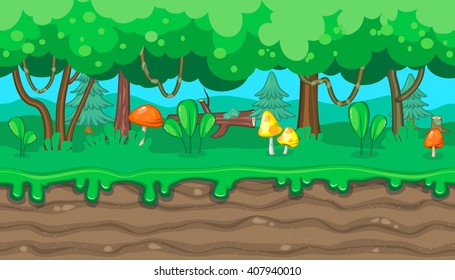 Seamless horizontal summer background with mushrooms and lianas for video game