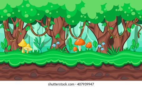 Seamless horizontal summer background with old trees and bright mushrooms for video game