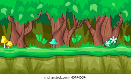 Seamless horizontal summer background with old trees and blue mushroom for video game