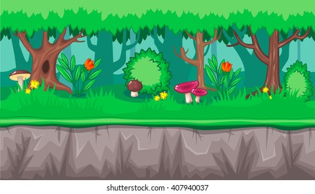 Seamless horizontal summer background with pink mushrooms and red flowers for video game