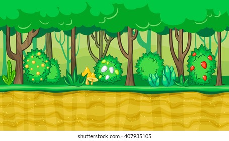 Seamless horizontal summer background with young trees and bushes with berries for video game