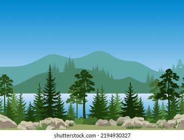 Seamless Horizontal Summer Mountain Landscape with Blue River or Lake, Pine and Fir Trees, Green Grass on the Stone Rocks. Vector