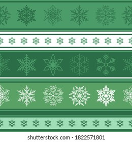 Seamless horizontal Tape Christmas background with pattern of snowflakes. Beautiful green and white Christmas background with cute pattern of different snowflakes on stripes