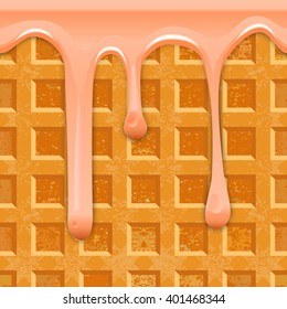 Seamless horizontal texture Belgian waffles with smudges of pink glaze. Vector illustration.