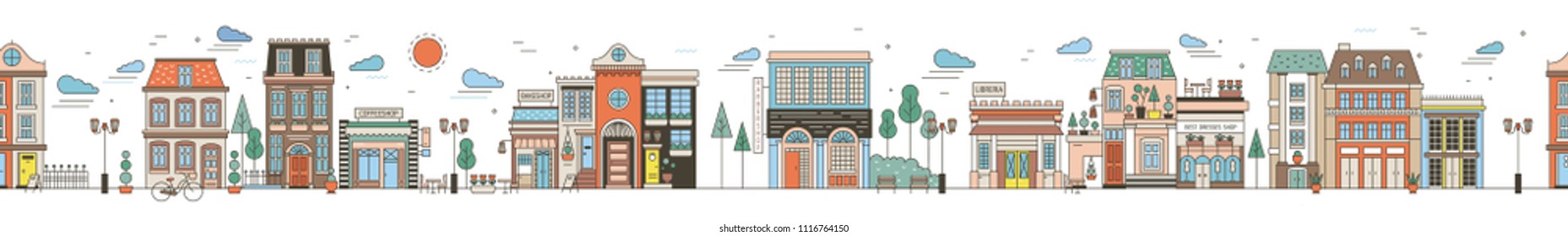 Seamless horizontal urban landscape with city street. Cityscape with beautiful buildings, residential houses, shops, park, driving car. Modern colorful vector illustration in line art style.