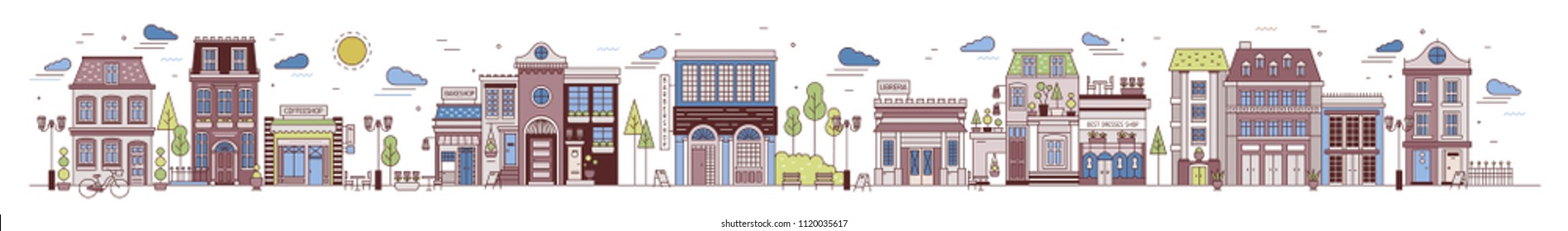 Seamless horizontal urban landscape with city street. Cityscape with beautiful buildings, residential houses, shops, park. Modern colorful vector illustration in line art style