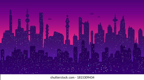 Seamless horizontal vector background of cyberpunk futuristic cityscape silhouette with night lights in neon purple and pink colors.