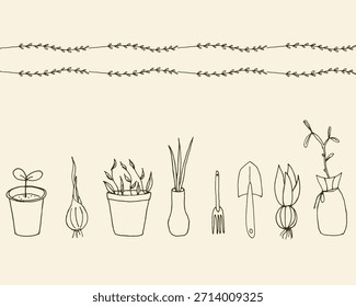 Seamless horizontal vector banner with gardening items isolated on a beige background. Farming, vegetable gardening, and growing seedlings. Hand-drawn doodle illustrations.