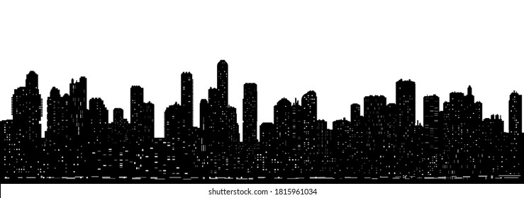 Vector horizontal sin inconvenientes de fondo negro y blanco de la moderna silueta de paisaje urbano con luces nocturnas.