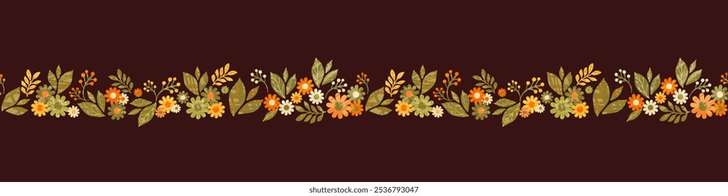 Uma borda vetor horizontal sem costura com flores e folhas de outono estilo vintage em tons laranja, amarelo e verde contra um fundo marrom profundo, criando um padrão decorativo retro.