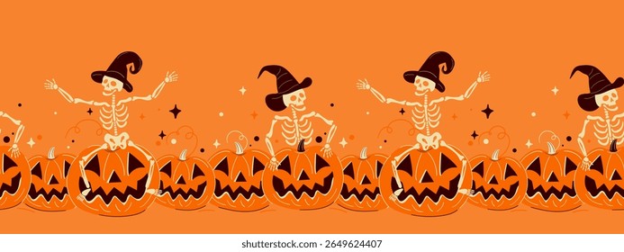 Seamless horizontal vector border featuring gothic skeletons perched on orange jack-o-lanterns. Bold black and orange color scheme perfect for Halloween decorations and spooky designs.