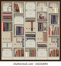 seamless horizontal vector illustration. composition shelves with books, files and other trifles. can be used as a background illustration of an animation, etc.