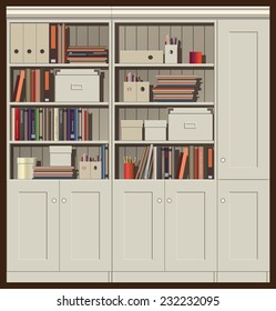 seamless horizontal vector illustration. composition of cabinets with books, files and other trifles. can be used as a background illustration of an animation, etc.