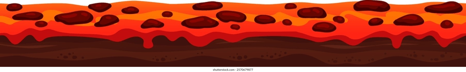 Seamless horizontal vector illustration depicting hot lava flowing over dark ground, surrounded by rocks, creating a striking and dynamic scene filled with fiery energy and vibrant colors