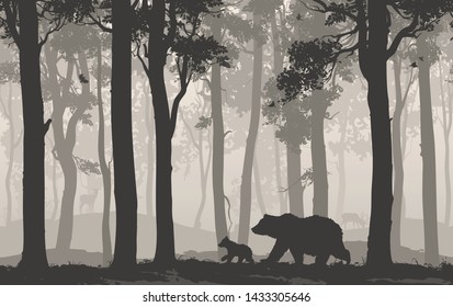 Seamless horizontal vector illustration. Mother bear with a little bear is walking in the forest, birds fly, deer graze far away.