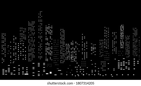 Ilustración vectorial horizontal sin inconvenientes del paisaje urbano nocturno en colores blanco y negro.