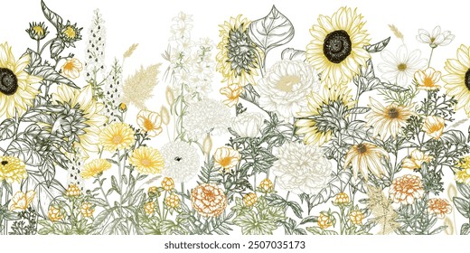 Seamless horizontal vector pattern autumn garden in yellow-orange tones. Sunflowers, peonies, cloudberries, calendula, California poppies, rudbeckia, marigolds