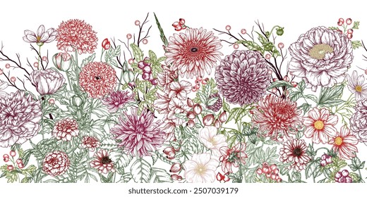 Seamless horizontal vector pattern autumn garden in red and burgundy tones. Rose hips, decorative poppies, peony, dahlia, marigolds, chrysanthemum, gerbera, gladiolus, cosmos, lingonberry, zinnia