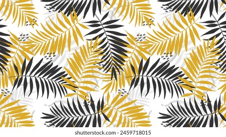 Seamless horizontal vector pattern with black and gold palm leaves on a white background