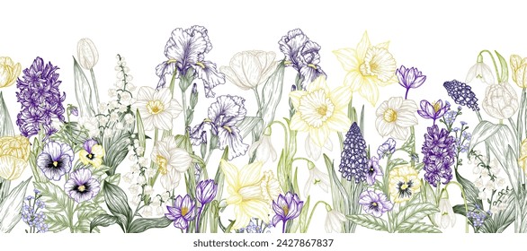 Seamless horizontal vector pattern of blooming spring garden. Snowdrops, crocuses, brunnera, tulips, muscari, hyacinths, irises, daffodil, pansies, lily of the valley