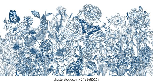 Seamless horizontal vector pattern of blooming garden. Snowdrops, crocuses, brunnera, tulips, muscari, hyacinths, irises, daffodil, pansies, lily of the valley, anemone, scilla, roses, peonies, lupine