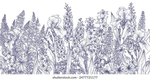 Seamless horizontal vector pattern of blooming garden. Platycodon campanula, delphinium, lupine and iris