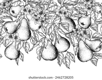 Seamless horizontal vector pattern of blossoming branch with pear fruits in engraving style
