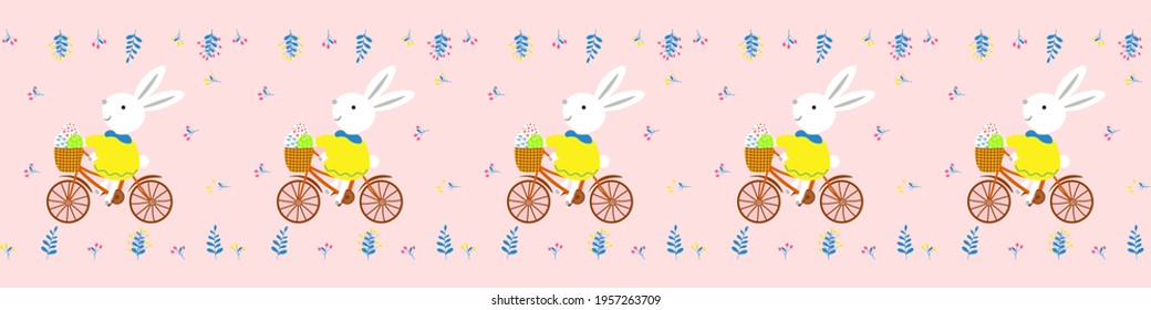 Seamless horizontal vector pattern with bunnies in dresses on bicycles with baskets of Easter eggs on a pink background. Children's drawings for the surface, cover.