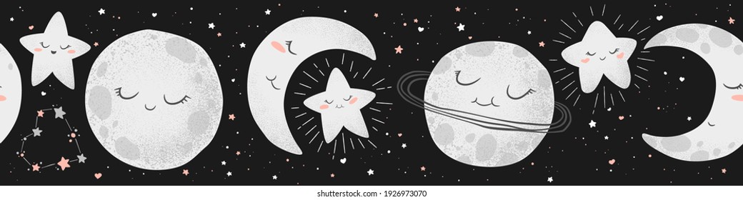 Seamless horizontal vector pattern with cute hand drawn cartoon moons, planets and stars isolated on black background. Design for print, fabric, wallpaper, card, baby room decoration