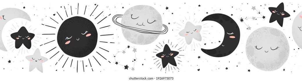 Seamless horizontal vector pattern with cute hand drawn cartoon space objects-sun, moon, planets and stars isolated on white background. Design for print, fabric, card, decoration