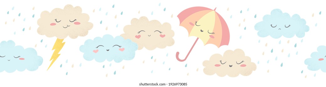 Seamless horizontal vector pattern with cute hand drawn cartoon clouds, umbrellas and raindrops isolated on white background. Design for print, fabric , wallpaper, card