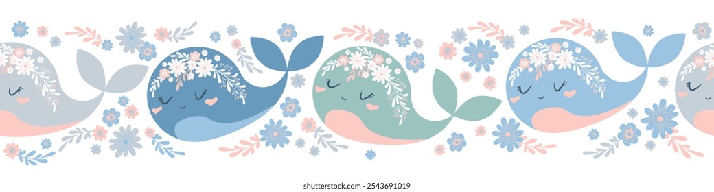 Patrón de Vector Horizontal sin fisuras con lindas ballenas y flores aisladas sobre fondo blanco. Ilustración adorable del diseño animal para la impresión de la tarjeta, Fondo de pantalla, cartel, decoración del vivero