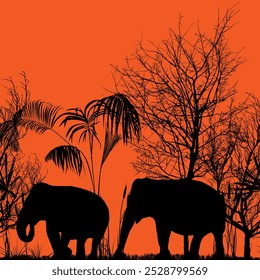 Seamless horizontal vector pattern with elephants and tropical trees, plants